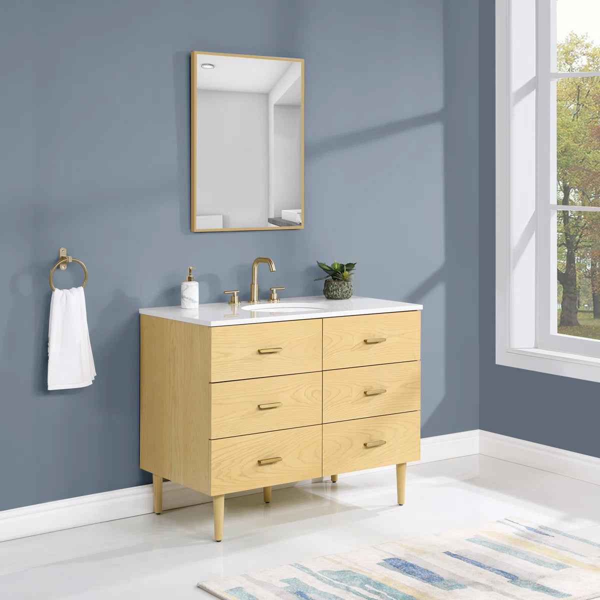 Stockholm 42" Single Bathroom Vanity in Natural Ash with Gold Handles | Engineered Stone Countertop