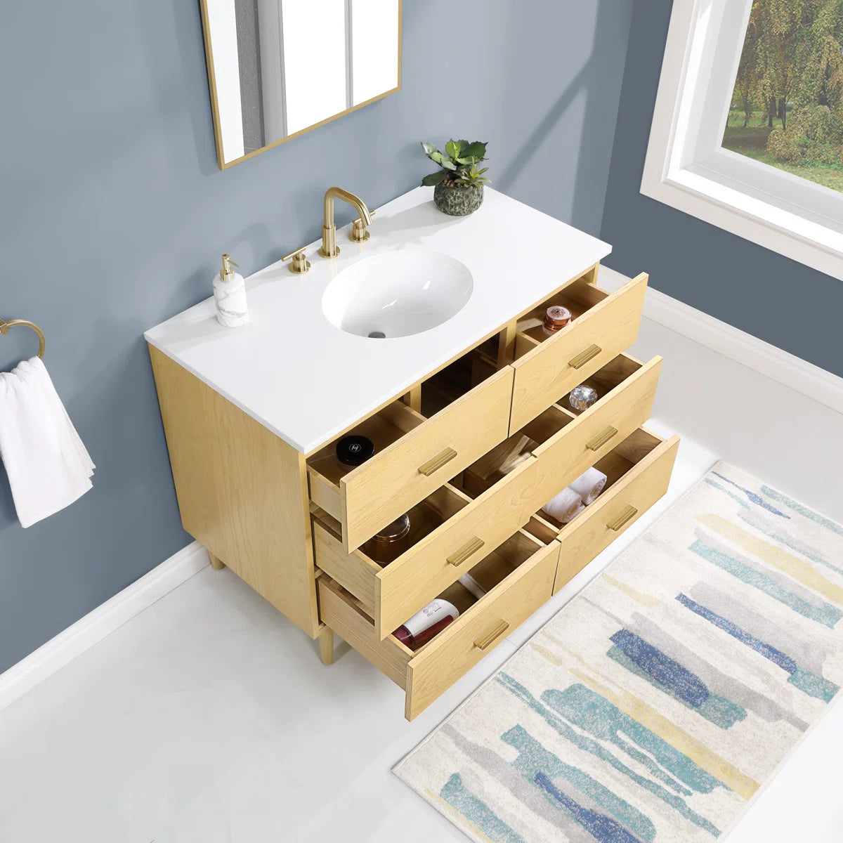 Stockholm 42" Single Bathroom Vanity in Natural Ash with Gold Handles | Engineered Stone Countertop