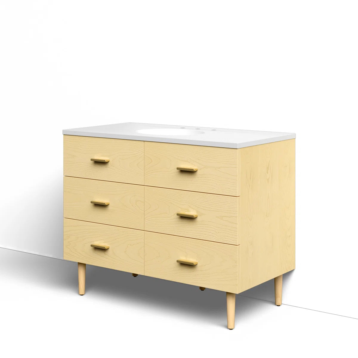 Stockholm 42" Single Bathroom Vanity in Natural Ash with Gold Handles | Engineered Stone Countertop