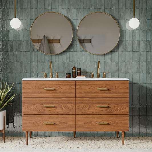 Stockholm 54" Double Bathroom Vanity in Natural Walnut | Quartz Countertop