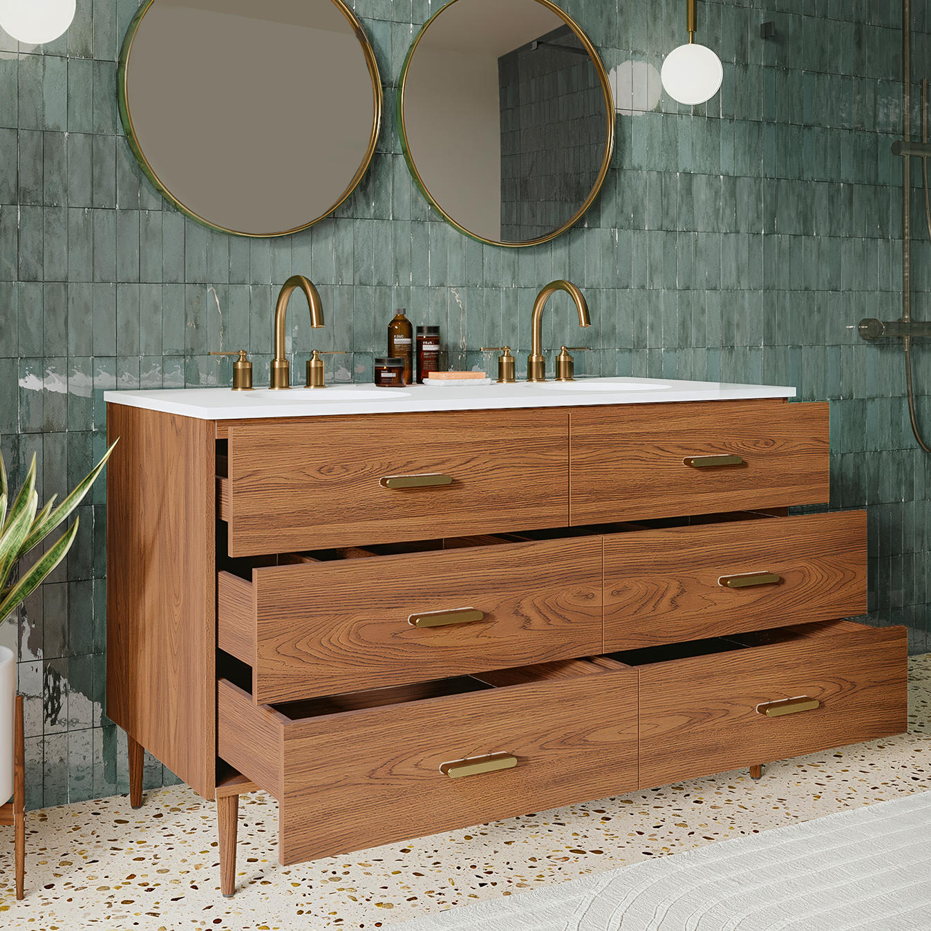 Stockholm 54" Double Bathroom Vanity in Natural Walnut | Quartz Countertop