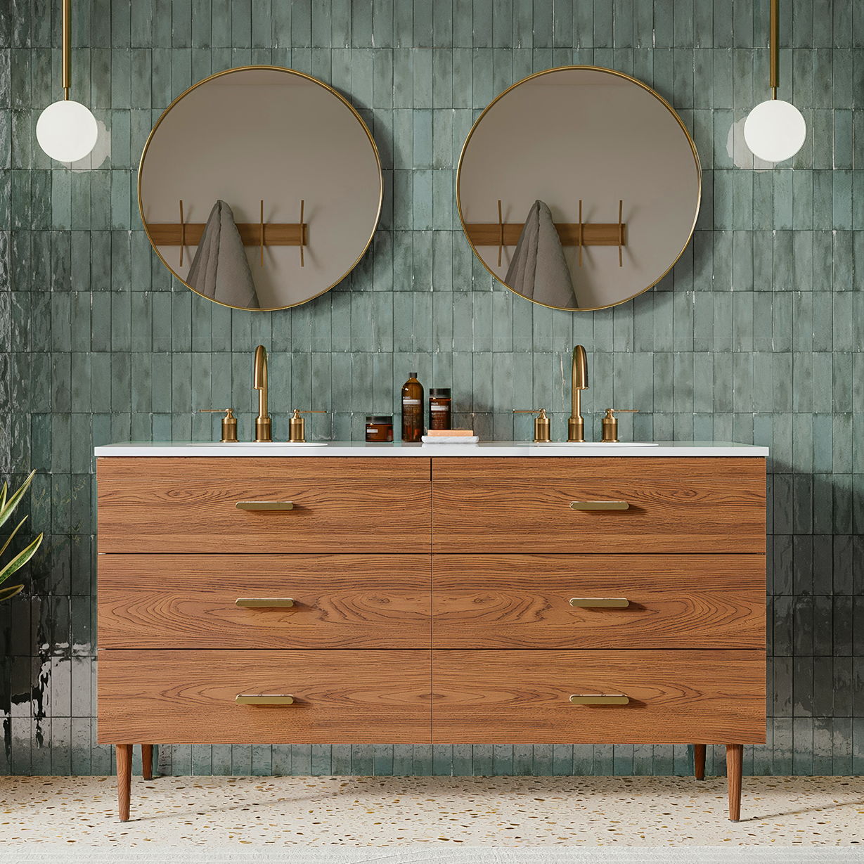 Stockholm 60" Double Bathroom Vanity in Natural Walnut | Quartz Countertop