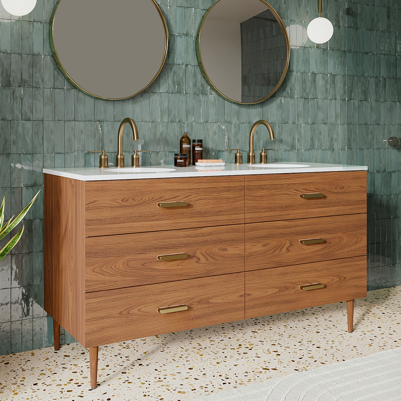 Stockholm 60" Double Bathroom Vanity in Natural Walnut | Quartz Countertop