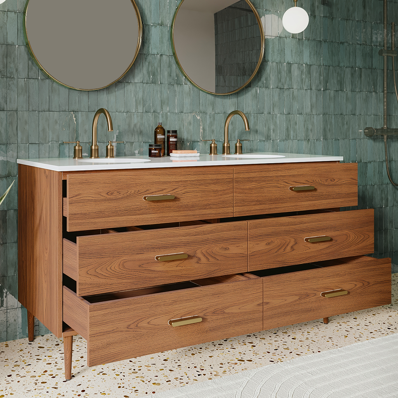 Stockholm 60" Double Bathroom Vanity in Natural Walnut | Quartz Countertop