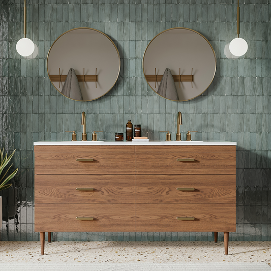 Stockholm 60" Double Bathroom Vanity in Natural Walnut | Quartz Countertop