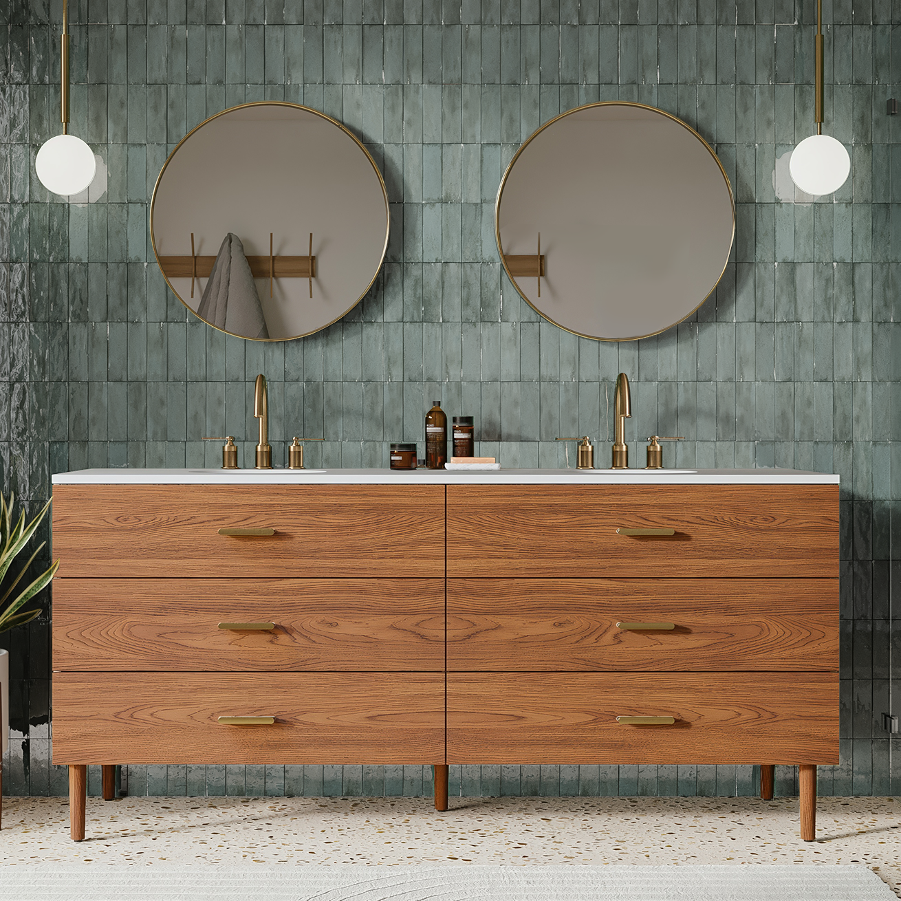 Stockholm 72" Double Bathroom Vanity in Natural Walnut | Quartz Countertop