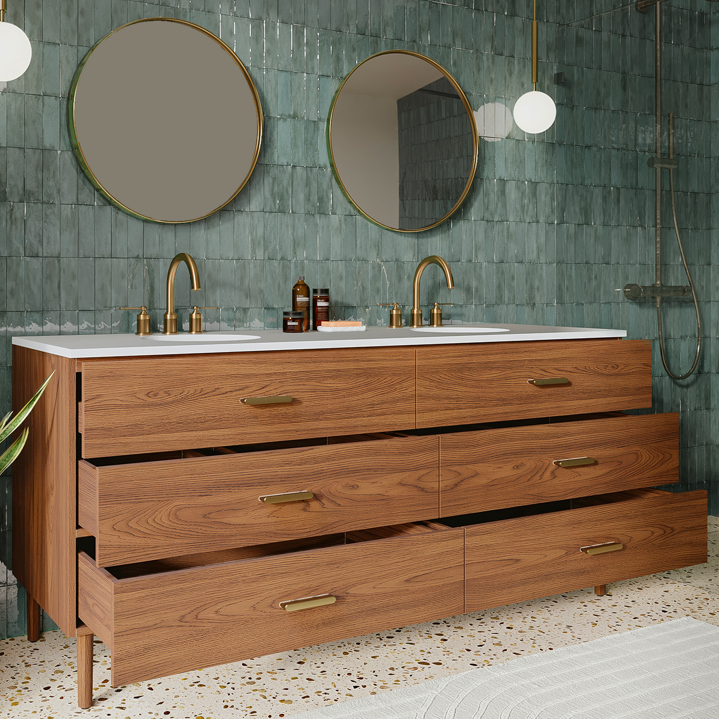Stockholm 72" Double Bathroom Vanity in Natural Walnut | Quartz Countertop