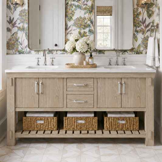 Telluride 72" Double Bathroom Vanity in Washed Pine | White Quartz Countertop