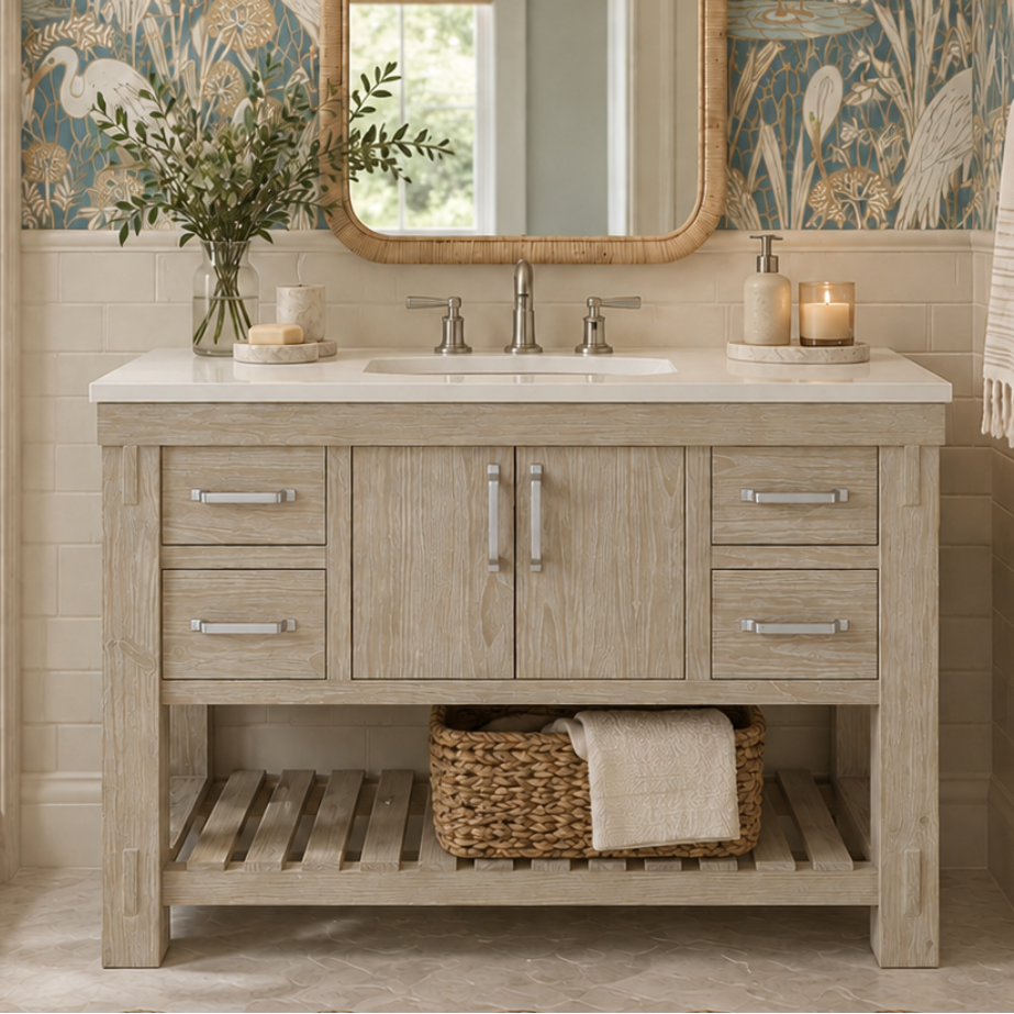 Telluride 48" Single Sink Bathroom Vanity in Washed Pine | White Quartz Countertop