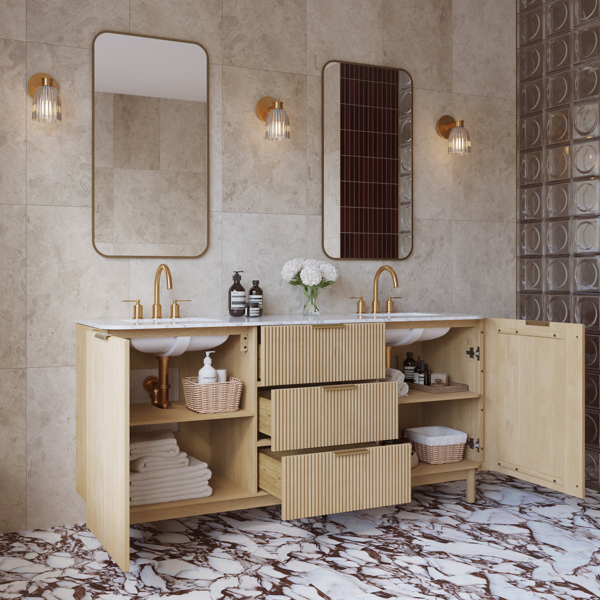 Havana 72" Double Bathroom Vanity in Nordic Reeded Birch | Calacatta Gold Quartz